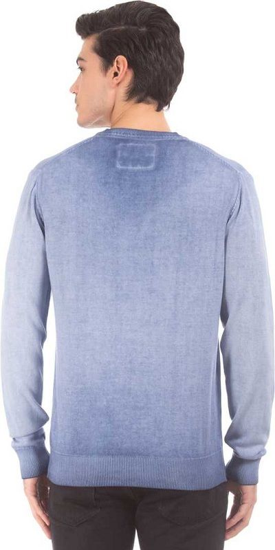 Solid V-neck Casual Men Blue Sweater